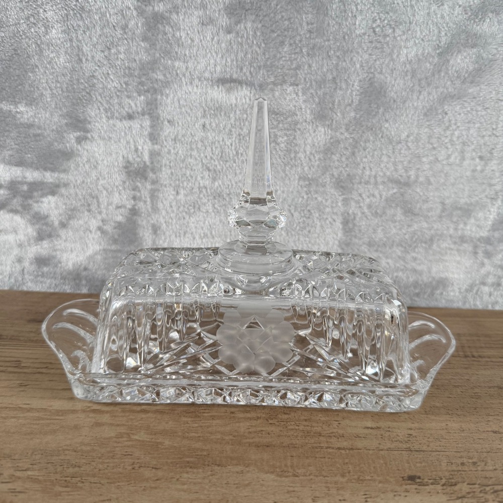 Vintage Crystal Glass Butter Dish with Spire Finial Lid and Frosted Rose Detail